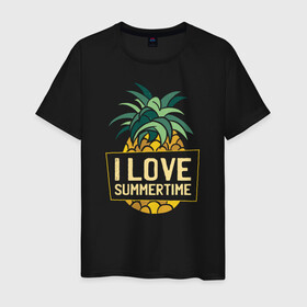 Мужская футболка хлопок с принтом Я люблю Лето Ананас в Курске, 100% хлопок | прямой крой, круглый вырез горловины, длина до линии бедер, слегка спущенное плечо. | Тематика изображения на принте: pineapple | summer | summertime | ананас | летние | лето | море | морские | отдых | отпуск