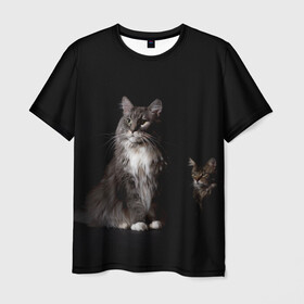 Мужская футболка 3D с принтом Котики в Курске, 100% полиэфир | прямой крой, круглый вырез горловины, длина до линии бедер | Тематика изображения на принте: animal | animals | beast | black | cat | kitten | животное | животные | зверек | зверь | кот | котейка | котенок | котики | котэ | кошка | кошки | мейн кун | черная