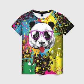 Женская футболка 3D с принтом Панда хипстер в брызгах краски в Курске, 100% полиэфир ( синтетическое хлопкоподобное полотно) | прямой крой, круглый вырез горловины, длина до линии бедер | hipster | panda | брызги | в очках | краска | краски | красок | крутая | милая | модная | очки | панда | показывает язык | пятна | хипстер | экспрессионизм | язык | яркая | яркие