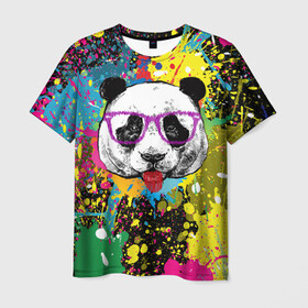 Мужская футболка 3D с принтом Панда хипстер в брызгах краски в Курске, 100% полиэфир | прямой крой, круглый вырез горловины, длина до линии бедер | hipster | panda | брызги | в очках | краска | краски | красок | крутая | милая | модная | очки | панда | показывает язык | пятна | хипстер | экспрессионизм | язык | яркая | яркие