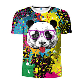 Мужская футболка 3D спортивная с принтом Панда хипстер в брызгах краски в Курске, 100% полиэстер с улучшенными характеристиками | приталенный силуэт, круглая горловина, широкие плечи, сужается к линии бедра | Тематика изображения на принте: hipster | panda | брызги | в очках | краска | краски | красок | крутая | милая | модная | очки | панда | показывает язык | пятна | хипстер | экспрессионизм | язык | яркая | яркие