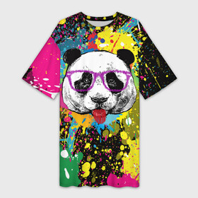 Платье-футболка 3D с принтом Панда хипстер в брызгах краски в Курске,  |  | hipster | panda | брызги | в очках | краска | краски | красок | крутая | милая | модная | очки | панда | показывает язык | пятна | хипстер | экспрессионизм | язык | яркая | яркие