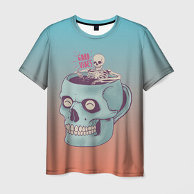 Мужская футболка 3D с принтом Good Viber в Курске, 100% полиэфир | прямой крой, круглый вырез горловины, длина до линии бедер | good vibes | horror | кофе | кружка | напиток | психоделика | пятница 13 | скелет | ужасы | хэллоуин | череп