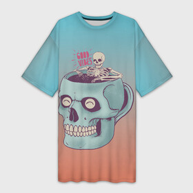 Платье-футболка 3D с принтом Good Viber в Курске,  |  | Тематика изображения на принте: good vibes | horror | кофе | кружка | напиток | психоделика | пятница 13 | скелет | ужасы | хэллоуин | череп
