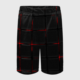 Детские спортивные шорты 3D с принтом 3D Плиты Red & Black в Курске,  100% полиэстер
 | пояс оформлен широкой мягкой резинкой, ткань тянется
 | Тематика изображения на принте: 3d | 3д | 3д полосы | led | led подсветка | красночерный | красный | полосы | свет | свечение | текстуры | черно красный | черный