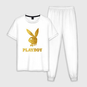 Мужская пижама хлопок с принтом PLAYBOY GOLD в Курске, 100% хлопок | брюки и футболка прямого кроя, без карманов, на брюках мягкая резинка на поясе и по низу штанин
 | brand | brazzers | fake taxi | faketaxi | hub | mode | playboy | бразерс | бренд | мода | фейк такси