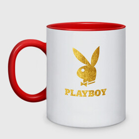 Кружка двухцветная с принтом PLAYBOY GOLD в Курске, керамика | объем — 330 мл, диаметр — 80 мм. Цветная ручка и кайма сверху, в некоторых цветах — вся внутренняя часть | brand | brazzers | fake taxi | faketaxi | hub | mode | playboy | бразерс | бренд | мода | фейк такси