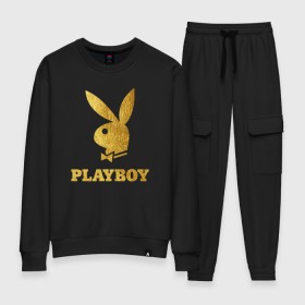 Женский костюм хлопок с принтом PLAYBOY GOLD в Курске, 100% хлопок | на свитшоте круглая горловина, мягкая резинка по низу. Брюки заужены к низу, на них два вида карманов: два 