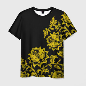 Мужская футболка 3D с принтом Золотая хохлома в Курске, 100% полиэфир | прямой крой, круглый вырез горловины, длина до линии бедер | бесконечный | бесшовный | жёлтый | завиток | золото | линия | лист | орнамент | повторение | позолоченный | природа | растение | роспись | русский | узор | цветок | чёрный | элемент