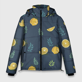 Мужская зимняя куртка 3D с принтом Лимонный узор в Курске, верх — 100% полиэстер; подкладка — 100% полиэстер; утеплитель — 100% полиэстер | длина ниже бедра, свободный силуэт Оверсайз. Есть воротник-стойка, отстегивающийся капюшон и ветрозащитная планка. 

Боковые карманы с листочкой на кнопках и внутренний карман на молнии. | ветка | веточка | еда | лимон | лимоны | лист | листья | цитрус | цитрусы
