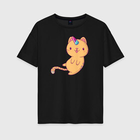 Женская футболка хлопок Oversize с принтом Котик - Единорожик в Курске, 100% хлопок | свободный крой, круглый ворот, спущенный рукав, длина до линии бедер
 | cat | happy | unicorn | единорог | единорожка | киса | кот | котенок | котэ | котя | кошак | кошка | милый | рыжий | хороший