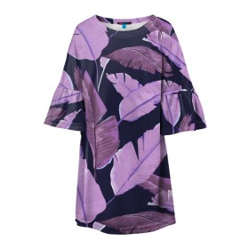 Детское платье 3D с принтом Tropical leaves 4 purple в Курске, 100% полиэстер | прямой силуэт, чуть расширенный к низу. Круглая горловина, на рукавах — воланы | leaves | palms. тропические | tropical | листья | пальмы