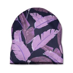 Шапка 3D с принтом Tropical leaves 4 purple в Курске, 100% полиэстер | универсальный размер, печать по всей поверхности изделия | leaves | palms. тропические | tropical | листья | пальмы