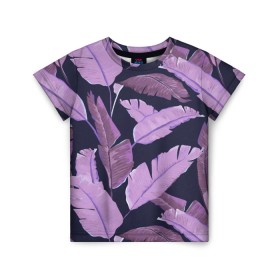 Детская футболка 3D с принтом Tropical leaves 4 purple в Курске, 100% гипоаллергенный полиэфир | прямой крой, круглый вырез горловины, длина до линии бедер, чуть спущенное плечо, ткань немного тянется | leaves | palms. тропические | tropical | листья | пальмы