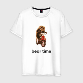Мужская футболка хлопок с принтом Bear time в Курске, 100% хлопок | прямой крой, круглый вырез горловины, длина до линии бедер, слегка спущенное плечо. | bear | bear time | bike | moto | motorbike | motorcycle | scooter | медведь | миша | мишка | мопед | мото | мотоцикл