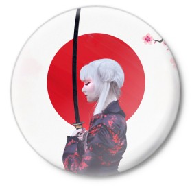 Значок с принтом Самурай в Курске,  металл | круглая форма, металлическая застежка в виде булавки | Тематика изображения на принте: воин | рисунок | сакура | самурай. девушка
