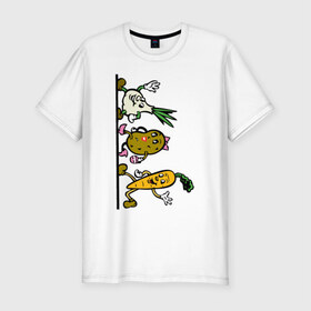 Мужская футболка хлопок Slim с принтом овощи в Курске, 92% хлопок, 8% лайкра | приталенный силуэт, круглый вырез ворота, длина до линии бедра, короткий рукав | еда | картошка | корнеплоды | морковь | мультфильм | овощи | прикольные картинки | чеснок