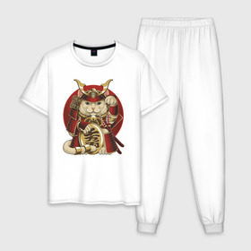 Мужская пижама хлопок с принтом Кот Самурай в Курске, 100% хлопок | брюки и футболка прямого кроя, без карманов, на брюках мягкая резинка на поясе и по низу штанин
 | cat | japan | ronin | samurai | воин | кот | котик | котэ | няшка | ронин | рыцарь | самурай | шлем | япония