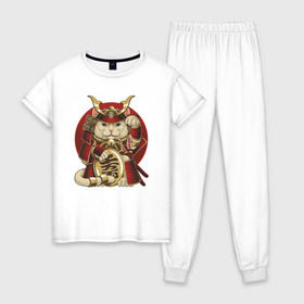 Женская пижама хлопок с принтом Кот Самурай в Курске, 100% хлопок | брюки и футболка прямого кроя, без карманов, на брюках мягкая резинка на поясе и по низу штанин | cat | japan | ronin | samurai | воин | кот | котик | котэ | няшка | ронин | рыцарь | самурай | шлем | япония