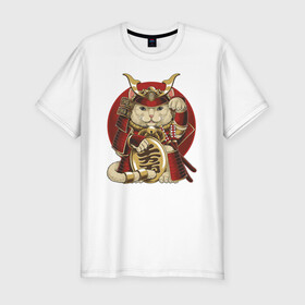 Мужская футболка хлопок Slim с принтом Кот Самурай в Курске, 92% хлопок, 8% лайкра | приталенный силуэт, круглый вырез ворота, длина до линии бедра, короткий рукав | cat | japan | ronin | samurai | воин | кот | котик | котэ | няшка | ронин | рыцарь | самурай | шлем | япония
