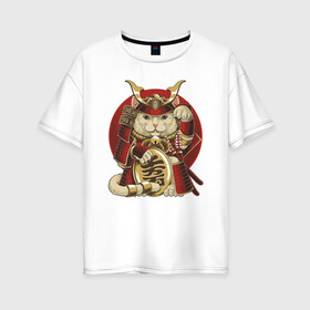 Женская футболка хлопок Oversize с принтом Кот Самурай в Курске, 100% хлопок | свободный крой, круглый ворот, спущенный рукав, длина до линии бедер
 | cat | japan | ronin | samurai | воин | кот | котик | котэ | няшка | ронин | рыцарь | самурай | шлем | япония