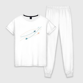 Женская пижама хлопок с принтом Flight track в Курске, 100% хлопок | брюки и футболка прямого кроя, без карманов, на брюках мягкая резинка на поясе и по низу штанин | авиация | пилот | самолет | стюардесса