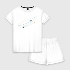 Женская пижама с шортиками хлопок с принтом Flight track в Курске, 100% хлопок | футболка прямого кроя, шорты свободные с широкой мягкой резинкой | авиация | пилот | самолет | стюардесса