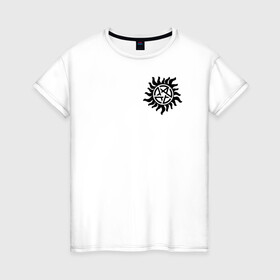 Женская футболка хлопок с принтом Supernatural Pentagram в Курске, 100% хлопок | прямой крой, круглый вырез горловины, длина до линии бедер, слегка спущенное плечо | supernatural | vdzabma | сверхъестественное