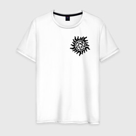 Мужская футболка хлопок с принтом Supernatural Pentagram в Курске, 100% хлопок | прямой крой, круглый вырез горловины, длина до линии бедер, слегка спущенное плечо. | Тематика изображения на принте: supernatural | vdzabma | сверхъестественное