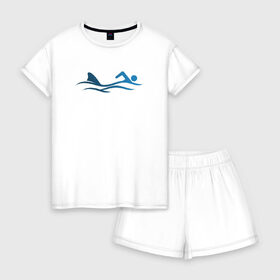 Женская пижама с шортиками хлопок с принтом Реальный спорт в Курске, 100% хлопок | футболка прямого кроя, шорты свободные с широкой мягкой резинкой | акула | море | плавание | подарок | ретро | синий | спорт