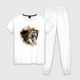 Женская пижама хлопок с принтом Тигр в Курске, 100% хлопок | брюки и футболка прямого кроя, без карманов, на брюках мягкая резинка на поясе и по низу штанин | animal | tiger | арт | животное | полосатый | рисунок | тигр | хищная кошка | хищник