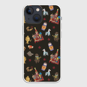 Чехол для iPhone 13 mini с принтом Москва символика в Курске,  |  | doodling | pattern | textures | tiles | балалайка | дудлинг | коллаж | кремль | матрешка | медведь | москва | паттерны | россия | тайлы | текстуры | фон