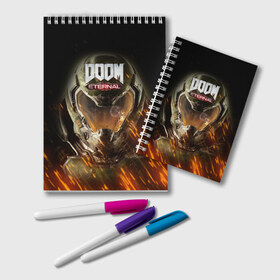 Блокнот с принтом DOOM ETERNAL в Курске, 100% бумага | 48 листов, плотность листов — 60 г/м2, плотность картонной обложки — 250 г/м2. Листы скреплены удобной пружинной спиралью. Цвет линий — светло-серый
 | Тематика изображения на принте: demons | devil | doom | doom eternal | doom slayer | hell | slayer | ад | демоны | дум