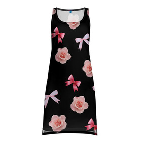Платье-майка 3D с принтом Бантики и розочки в Курске, 100% полиэстер | полуприлегающий силуэт, широкие бретели, круглый вырез горловины, удлиненный подол сзади. | doodling | textures | tiles | атлас | бант | дудлинг | лента | роза | розовый | тайлы | текстуры | фон | цветок