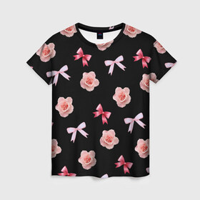 Женская футболка 3D с принтом Бантики и розочки в Курске, 100% полиэфир ( синтетическое хлопкоподобное полотно) | прямой крой, круглый вырез горловины, длина до линии бедер | doodling | textures | tiles | атлас | бант | дудлинг | лента | роза | розовый | тайлы | текстуры | фон | цветок