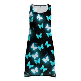 Платье-майка 3D с принтом Бабочки в Курске, 100% полиэстер | полуприлегающий силуэт, широкие бретели, круглый вырез горловины, удлиненный подол сзади. | бабочка | бабочки | модная | неон | с бабочками | стильная