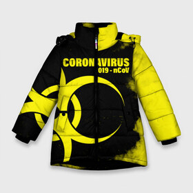 Зимняя куртка для девочек 3D с принтом Coronavirus 2019 - nCoV в Курске, ткань верха — 100% полиэстер; подклад — 100% полиэстер, утеплитель — 100% полиэстер. | длина ниже бедра, удлиненная спинка, воротник стойка и отстегивающийся капюшон. Есть боковые карманы с листочкой на кнопках, утяжки по низу изделия и внутренний карман на молнии. 

Предусмотрены светоотражающий принт на спинке, радужный светоотражающий элемент на пуллере молнии и на резинке для утяжки. | 2019   ncov | coronavirus | covid | covid 19 | ncov | virus | арт | биологическая опасность | болезнь | вирус | знак | карантин | корона | коронавирус | короновирус | мем | мой руки | оставайся дома | пандемия | помой руки