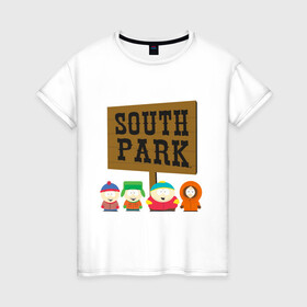 Женская футболка хлопок с принтом South Park. в Курске, 100% хлопок | прямой крой, круглый вырез горловины, длина до линии бедер, слегка спущенное плечо | south park | американская культура | американский мультсериал | колорадо | пародия | саус парк | саут парк | черный юмор | четыре мальчика | шоу | южный парк