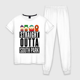 Женская пижама хлопок с принтом SOUTH PARK в Курске, 100% хлопок | брюки и футболка прямого кроя, без карманов, на брюках мягкая резинка на поясе и по низу штанин | Тематика изображения на принте: animation | cartman | colorado | eric | gangsta | hip hop | kenny | n.w.a | san | south park | usa | жесть | кайл | картман | кенни | мультфильмы | шикарно | эрик | южный парк
