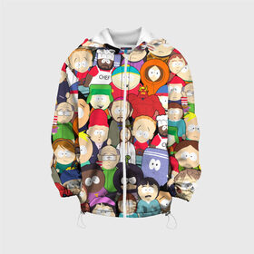 Детская куртка 3D с принтом South Park персонажи в Курске, 100% полиэстер | застежка — молния, подол и капюшон оформлены резинкой с фиксаторами, по бокам — два кармана без застежек, один потайной карман на груди, плотность верхнего слоя — 90 г/м2; плотность флисового подклада — 260 г/м2 | Тематика изображения на принте: park | south | south park | брофловски | герои | кайл | картман | кени | марж | они убили кени | парк | персонажи | ренди | рэнди | сволочи | стен | стэнн | южный | южный парк