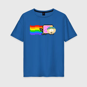 Женская футболка хлопок Oversize с принтом Картман Nyan Cat в Курске, 100% хлопок | свободный крой, круглый ворот, спущенный рукав, длина до линии бедер
 | cartman | eric cartman | nyan cat | south park | кот | милый | ня кот | нян кот | няшный | прикол | радуга | радужный | саус парк | смешная | смешной | эрик | эрик картман | южный парк