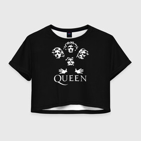Женская футболка Crop-top 3D с принтом QUEEN (НА СПИНЕ) в Курске, 100% полиэстер | круглая горловина, длина футболки до линии талии, рукава с отворотами | queen | rock | we will rock you | брайан мэи | группа queen | группа квин | джон дикон | квин | королева | король | роджер тейлор | рок | фредди меркьюри