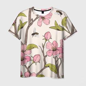 Мужская футболка 3D с принтом САКУРА | SAKURA в Курске, 100% полиэфир | прямой крой, круглый вырез горловины, длина до линии бедер | animals | bees | chery | flowers | insects | japan | sakura | вишня | животные | насекомые | пчелы | растения | сакура | цветы | цветы сакуры | япония