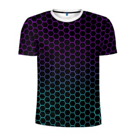 Мужская футболка 3D спортивная с принтом НЕОНОВЫЕ СОТЫ в Курске, 100% полиэстер с улучшенными характеристиками | приталенный силуэт, круглая горловина, широкие плечи, сужается к линии бедра | abstraction | cyberpunk | geometry | hexagon | neon | stripes | techno | texture | triangle | абстракция | геометрия | краски | неон | неоновый | сетка | соты | стальная броня | текстура