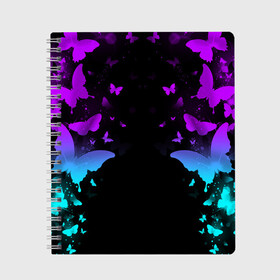 Тетрадь с принтом НЕОНОВЫЕ БАБОЧКИ в Курске, 100% бумага | 48 листов, плотность листов — 60 г/м2, плотность картонной обложки — 250 г/м2. Листы скреплены сбоку удобной пружинной спиралью. Уголки страниц и обложки скругленные. Цвет линий — светло-серый
 | abstraction | butterfly | geometry | hexagon | neon | paints | stripes | texture | triangle | абстракция | бабочки | брызги | геометрия | краски | неон | неоновый | соты | текстура