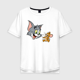 Мужская футболка хлопок Oversize с принтом Tom&Jerry в Курске, 100% хлопок | свободный крой, круглый ворот, “спинка” длиннее передней части | spike | tom  jerry | tom and jerry | tomjerry | tuffy | vdgerir | мамочка два тапочка | том и джери | том и джерри