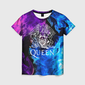 Женская футболка 3D с принтом QUEEN  в Курске, 100% полиэфир ( синтетическое хлопкоподобное полотно) | прямой крой, круглый вырез горловины, длина до линии бедер | queen | rock | we will rock you | брайан мэи | группа queen | группа квин | джон дикон | квин | королева | король | роджер тейлор | рок | фредди меркьюри