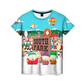 Женская футболка 3D с принтом South Park в Курске, 100% полиэфир ( синтетическое хлопкоподобное полотно) | прямой крой, круглый вырез горловины, длина до линии бедер | south park | sp | батерс | баттерс | гарисон | енот | кайл  брофловски | картман | кеннет | кенни | маки | макки | маккормик | марш | мистер | мистереон | мультфильм | полотенчик | ренди | саус парк | сауспарк
