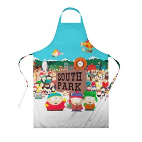 Фартук 3D с принтом South Park в Курске, 100% полиэстер | общий размер — 65 х 85 см, ширина нагрудника — 26 см, горловина — 53 см, длина завязок — 54 см, общий обхват в поясе — 173 см. Принт на завязках и на горловине наносится с двух сторон, на основной части фартука — только с внешней стороны | south park | sp | батерс | баттерс | гарисон | енот | кайл  брофловски | картман | кеннет | кенни | маки | макки | маккормик | марш | мистер | мистереон | мультфильм | полотенчик | ренди | саус парк | сауспарк