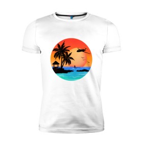 Мужская футболка премиум с принтом Закат на море в Курске, 92% хлопок, 8% лайкра | приталенный силуэт, круглый вырез ворота, длина до линии бедра, короткий рукав | закат | лодка | море | океан | отдых | отпуск | пальма | птицы | самолет | солнце | яркая